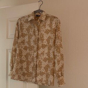 Vintage Tan Patterned Women's Button Down Shirt